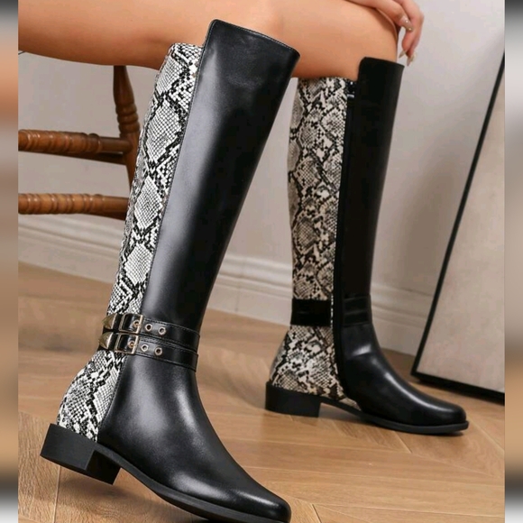Shoes - Women's Fashionable Knee-High Boots, Black High Boots With Metal Buckle Decor